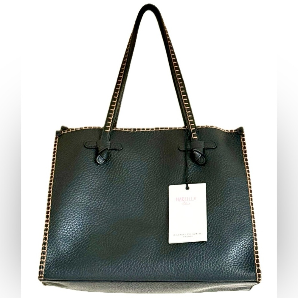 GIANNI CHIARINI BLACK GENUINE LEATHER TOTE WITH BROWN EMBROIDERY. RARE FIND